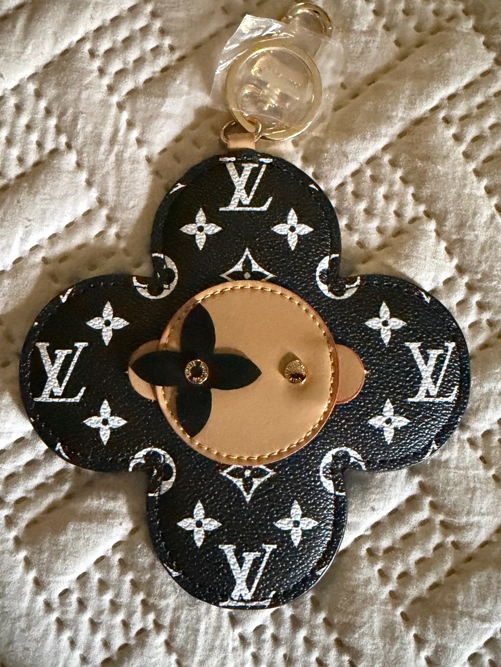 -Black & Natural Monogram Flower Key Charm -Vivienne Bag Charm